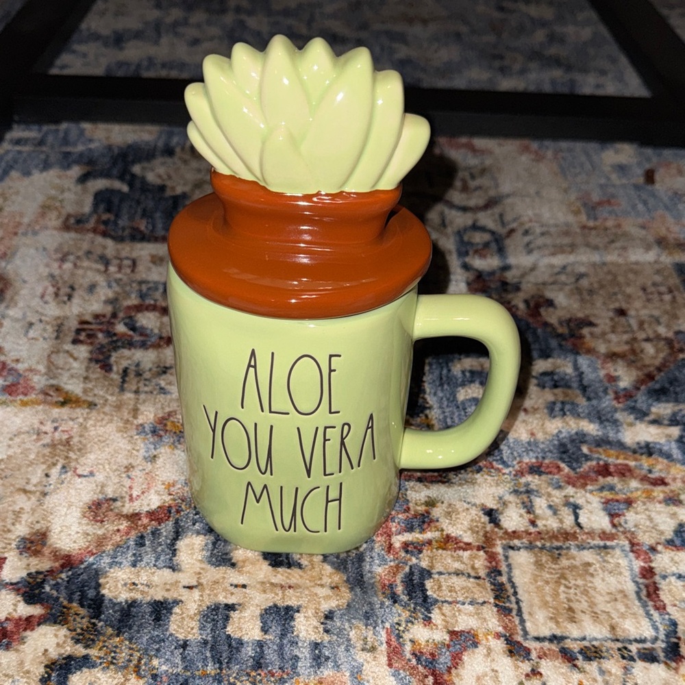NEW Rae Dunn Ceramic green coffee tea mug cup ALOE YOU VERA MUCH w/topper